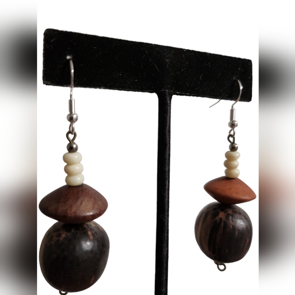 Earthy Wooden Bead Earrings from Ghanaian Artisan - Picture 2 of 2